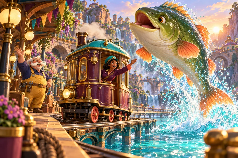 Bella and Otto welcome the river tram as giant Mossjaw leaps beside the station