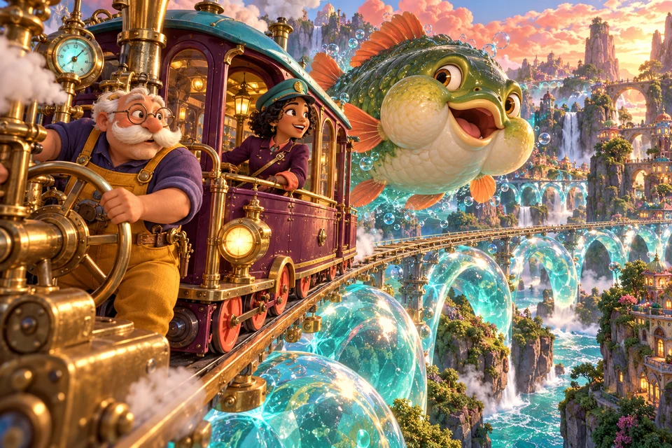 Otto guides the tram over glowing bubble arches with Mossjaw alongside