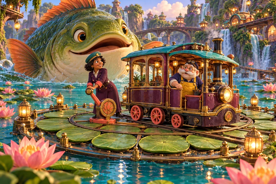 Bella turns a coral lever on a floating lily-pad turntable