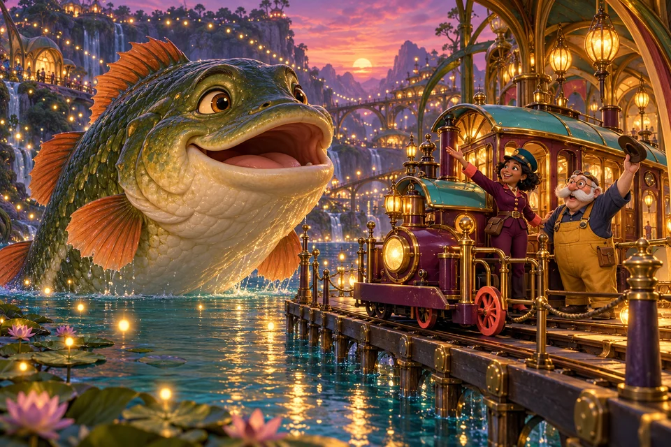 The tram and Mossjaw arrive at a lantern-lit station among fireflies