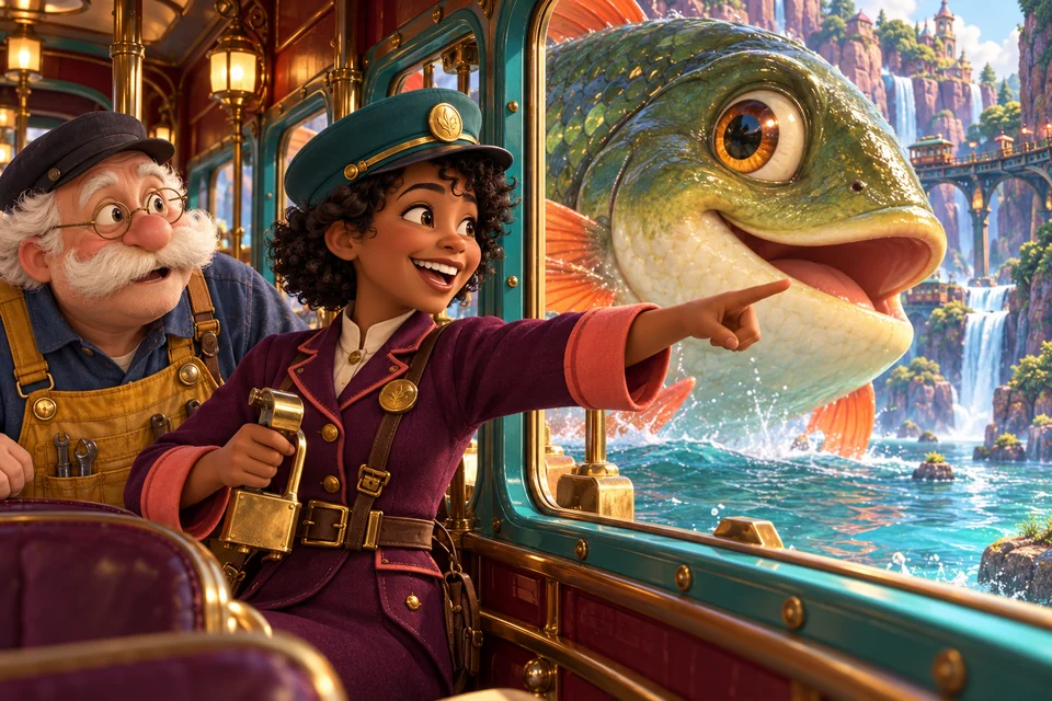 Bella holds a ticket punch beside a carriage window and the enormous fish