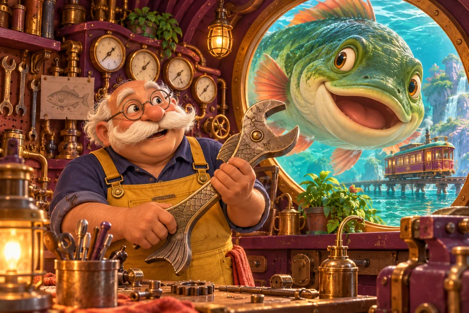 Otto shows a fish-shaped spanner in his cosy brass-and-plum workshop