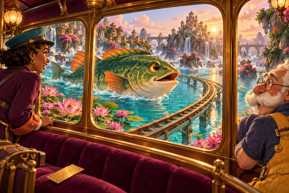 The turquoise river and Mossjaw seen through the tram’s brass window frames