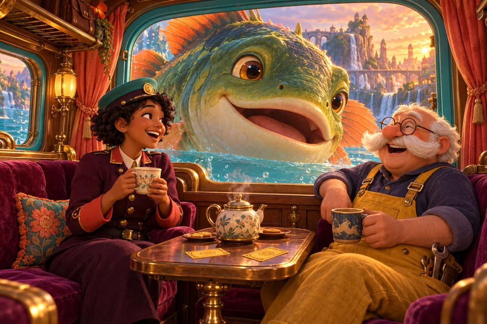 Bella and Otto share tea in the carriage while Mossjaw looks in through the window